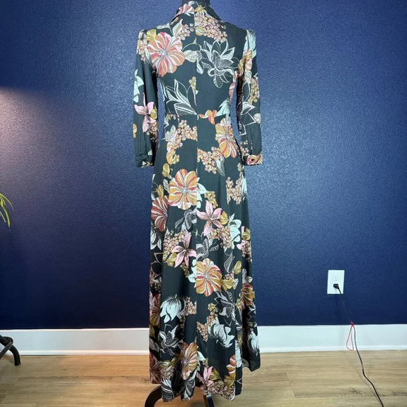 Zara Floral Print Maxi Buttondown Shirt Dress, Black/Brown/Pink, Size XS - Picture 9 of 12